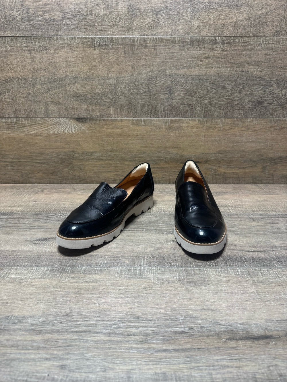 Vionic Black Patent Leather Slip-On Loafers with White Lug Sole